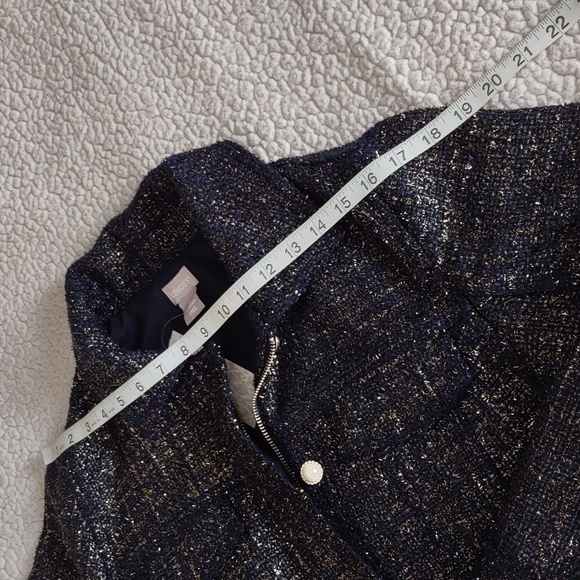 NWT Chico's Sz 2(12/14) Classic Navy Foil Tweed Long Sleeve Jacket Gold Metallic - Picture 11 of 16